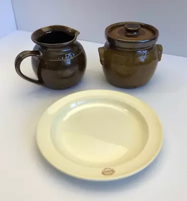 VINTAGE Bendigo Pottery Milk Jug & Jam Pot With Repaired Lid & Side Plate 18.2cm • $40