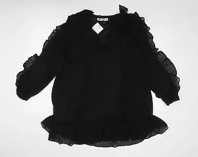 Zara Womens Black Polka Dot Polyester Skater Dress Size L V-Neck Pullover • £6