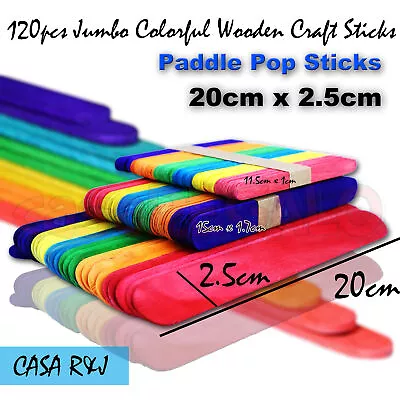 120pcs Super Jumbo Colour Wooden Craft Sticks Paddle Pop Sticks Ice Cream 200mm • $17.55