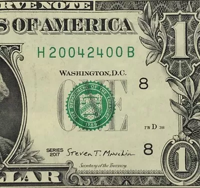 Trinary Fancy Serial Number One Dollar Bill H20042400B 2s 0s 4s FW Print • $7.99