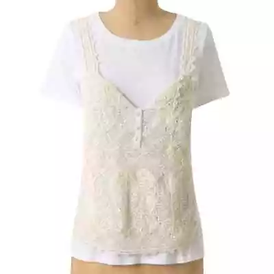 Anthropologie Vanessa Virginia Crochet Overlay Tee In White & Cream Size XS • $14.99