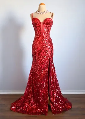 Red Sequin Corset Long Formal Prom Pageant Evening Wedding Gown Gala Dress 4 • $249