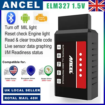 Bluetooth Code Reader OBD2 Engine Diagnostic Scanner MIL Reset Tool For Android • £7.99