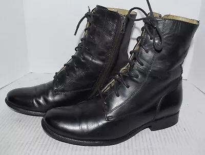 FRYE Melissa Laced Up Granny Black Leather Biker Riding Work Packer Boots Sz 9 • $99.95