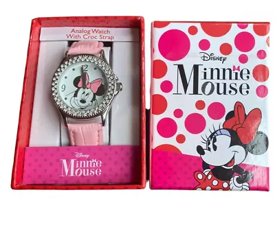 NIB Minnie Mouse Watch Disney Pink Croc Strap Rhinestones Sparkly New In Box • $30