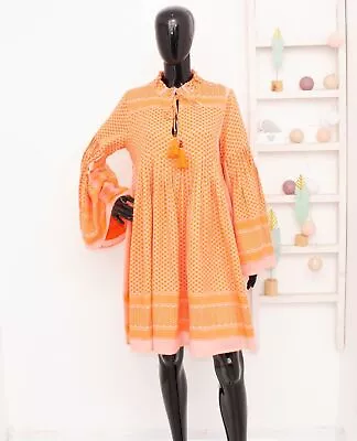 CECILIE COPENHAGEN Dress Orange Jacquard Cotton Peasant Dress Souzarica Women L • $119.20