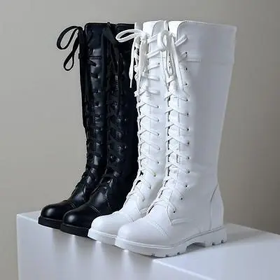 Ladies Low Heel Lace Up Knee High Biker Boots Round Toe Riding Combat Shoes Size • $55.62