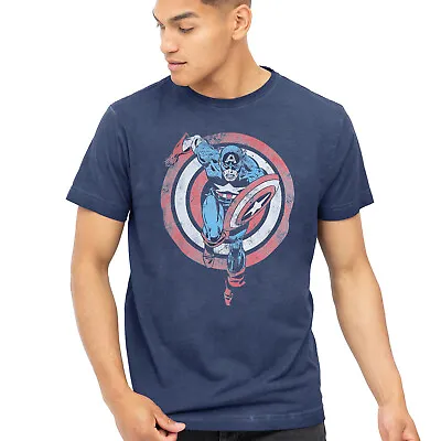 Official Marvel Mens Shield Charge Captain America T-shirt Vintage Navy S-XXL • £13.99