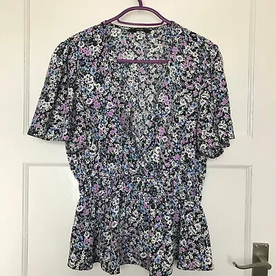 George Purple Floral Peplum Top Size 14 V Neck Satin Short Sleeve • £5.99