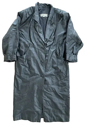 Vintage Avanti Black Duster Leather Gallery Long Jacket Trenchcoat Mens Large • $82.95
