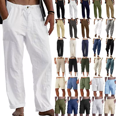 £13.49 • Buy Mens Summer Casual Loose Pants Cotton Linen Baggy Elastic Waist Trousers Shorts
