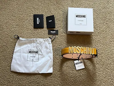 Nwt Moschino Mens Milano Logo Leather Belt Size 44it 32us Made In Italy Yellow • $149.99