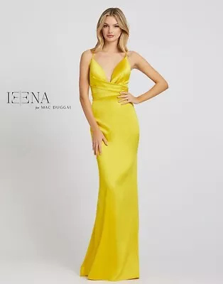 💛 IEENA MAC DUGGAL 26264i Canary Yellow Satin V-Neck Ruched Gown W/ Train 8 NWD • £180.24