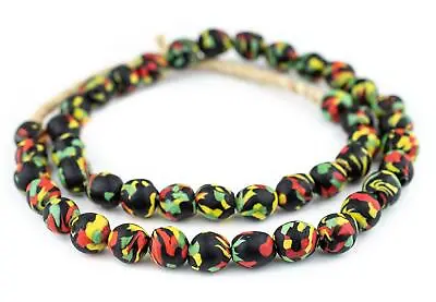 $10 • Buy Rasta Fused Recycled Glass Beads 14mm Ghana African Multicolor Round Large Hole