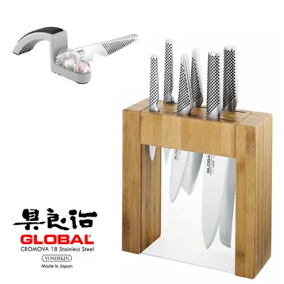 New Global Ikasu 7pc Knife Block Set + Mino Sharpener Knives Japan • $477.40