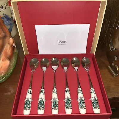 Set Of 6 Spode Christmas Tree Porcelain & Stainless Steel 6 Inch Tea Spoons New • $23.99