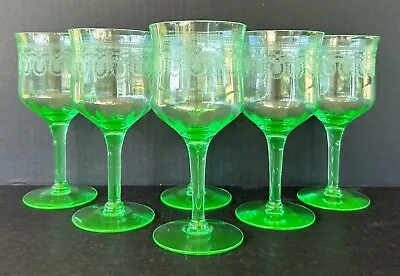 Green Depression Glass Morgantown Needle Etched 329 (6) Water Goblets 6 3/4” • $185