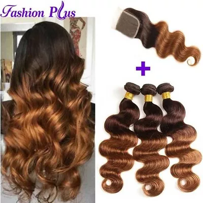 Ombre Human Hair Body Wave Bundles With Lace Closure 13x4 Lace Frontal Remy Hair • £152.26