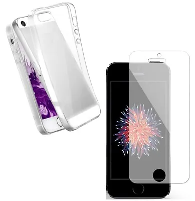For APPLE IPHONE 5 5S 5C SE TEMPERED GLASS SCREEN PROTECTOR + CLEAR TPU GEL CASE • £5.45