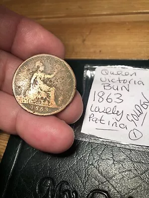 1863 Queen Victoria Bun Head One Penny Golden Patina • £6.99