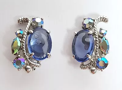 Schiaparelli Earrings Vintage Blue Cabochon + Ab Rhinestone Clip-on • $104