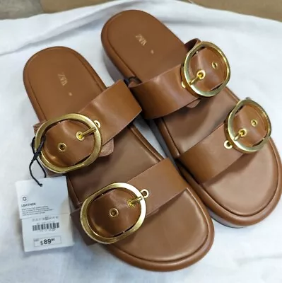 $79 • Buy ZARA REAL LEATHER BUCKLED SLIDE PLATFORM SANDALS BROWN Size 39/8 And 38/7.5 NWT