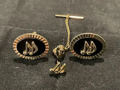 Vintage Swank Cufflinks & Tie Tack - Musical Notes - Oval Gold Tone & Black • $14.99