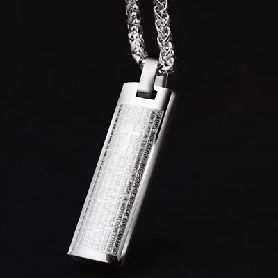 Mens Lords Prayer Bible Cross Pendant Necklace Christian Jewelry Stainless Steel • $12.99