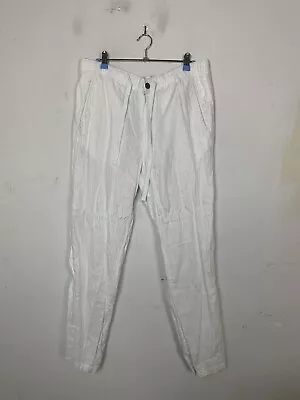 Tasso Elba Mens Pants L White 100% Linen Beachy Island Elastic Waist Tie Summer • $28.95