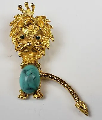 Vintage Lion With Crown Brooch Faux Turquoese Belly Chain Tail Moves • $16.49