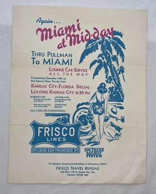 $9.99 • Buy Frisco Lines - Southern Railway System “Miami At Mid-day” Brochure Mailer.