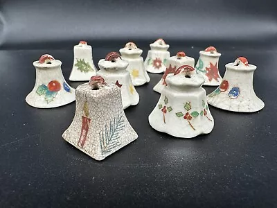 10 Vintage 1 1/4” Mini  PORCELAIN CHRISTMAS BELL ORNAMENTS Hand Painted Japan • $9.99