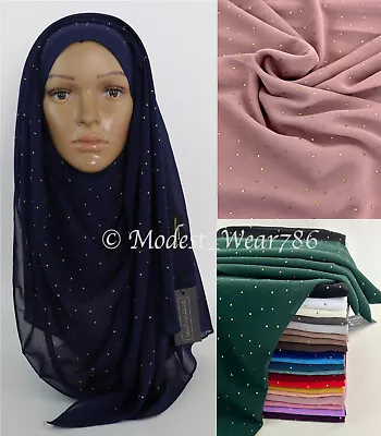 Chiffon Hijab With Gold Rhinestone Shayla Shawl Scarf Muslim Headcover 22 Colors • $10