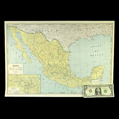 Vintage MEXICO Map LARGE Original 1940s Baja California Cancun Guadalajaro • $19.51