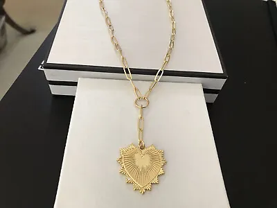 Paperclip Chain Pendant Necklace Gold Textured Heart Medallion Charm Lariat • $49