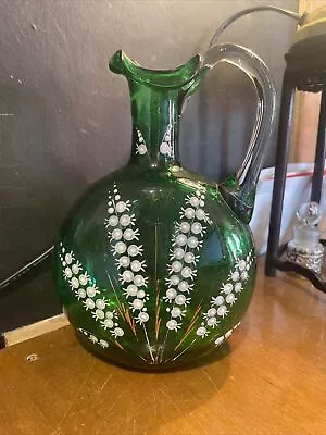 Mary Gregory Glass Lily Of The Valley Jug /Decanter No Stopper Green Handpainted • £22