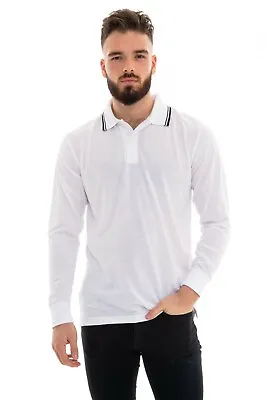 Mens Polo Long Sleeve Pique T-Shirt Tipping Collar Pocket Smart Casual Shirt Top • £9.99