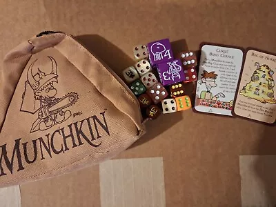 Munchkin Dice Bag With Various Dice And Blind Chance/Bag Of Hoarding Promo Cards • $60