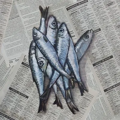 Fish Sardines Original Oil Paintings Newspaper Art Still Life Seafood Wall Decor • £57.46