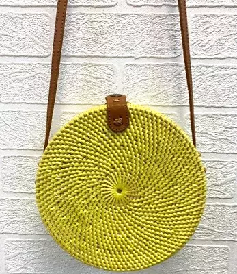 Yellow Straw Circle Leather Cross Body Strap Bag - Pre Loved • £14