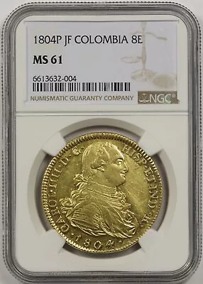 1804P JF Colombia 8E NGC MS 61 Gold 8 Escudos Pop= 4/4 • $4550