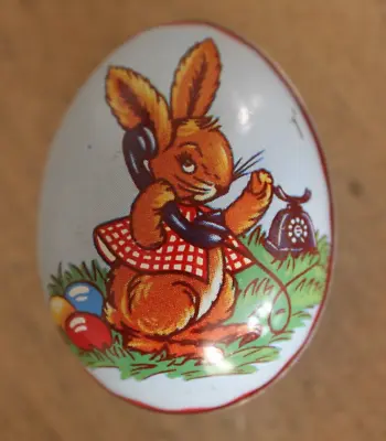 Vintage Easter Egg Tin Metal Candy Refillable Bunny On Telephone 2.25  Long • $5