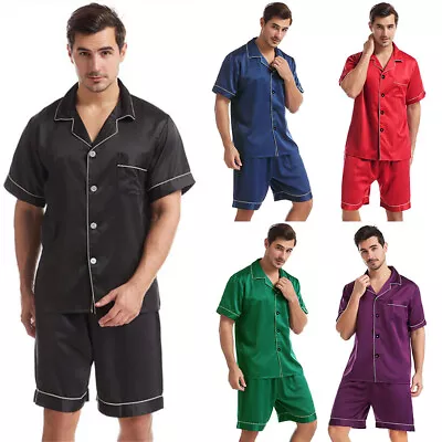 Mens Silk Satin Pajamas Pj Set Top And Shorts Sleepwear Nightwear Casual Pijamas • $12.96