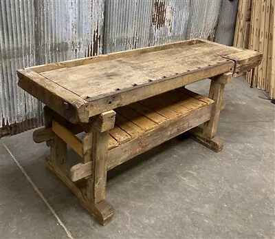 Vintage Rustic Work Table Carpenter's Workbench Woodworking Console Table G • $1295