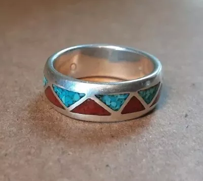 Vtg Southwest Sterling Silver 925 Turquoise Coral Inlay 6mm Band Ring Sz6 #4ny • $12
