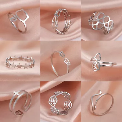 Stainless Steel Rings Women Adjustable Ring Heart Cat Paw Flower Snake Jewelry • £2.39