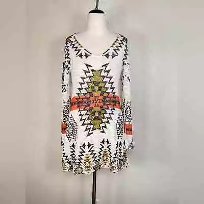 Vocal Womens Tunic Dress Size Small White Green Aztec Embellished Long Sleeve • $30