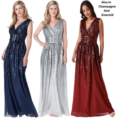 £31.49 • Buy Goddiva Sequin Chiffon Belted Maxi Evening Dress Prom Party Bridesmaid Size 8-14