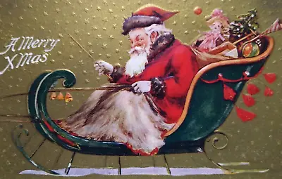 Santa Claus Christmas Postcard Saint Nick In Sled Embossed Series 74 Vintage • $13.60