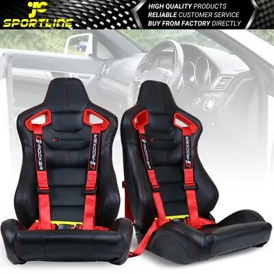 Universal Recline Racing Seat Red Bezel Dual Slider PU &Carbon & Buckle Belt X2 • $390.99